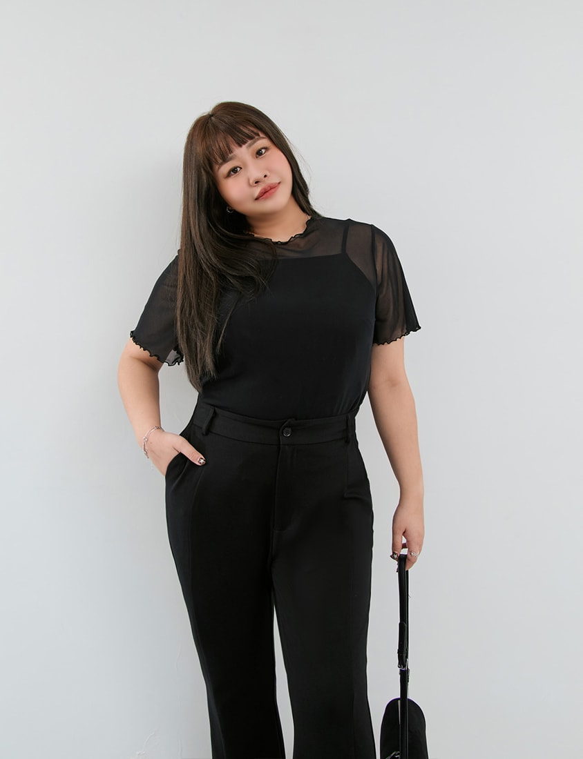 MISS. Ruffle Trim Sheer Plus Size Short Sleeve Top