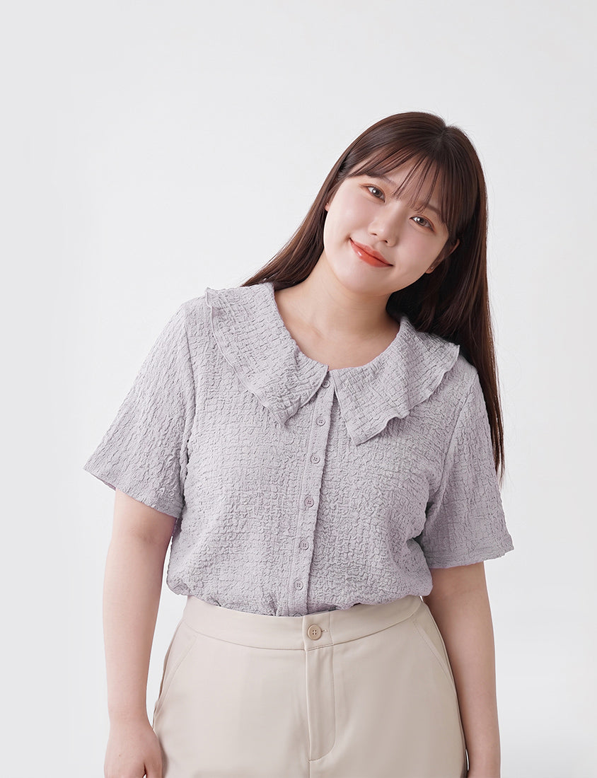 Collared Crinkle Faux Button Short Sleeve Top