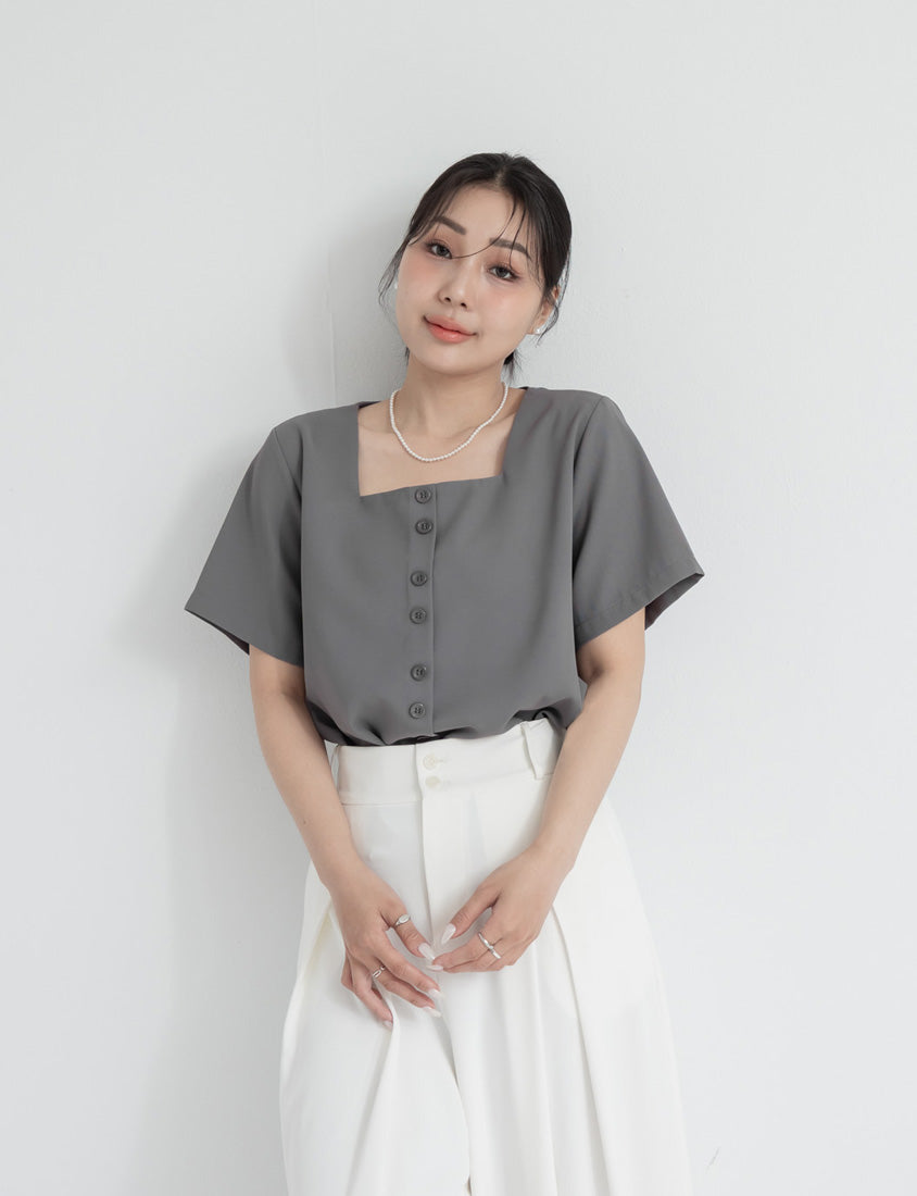 MISS. Elegant Square Neck Faux Button Chiffon Plus Size Top
