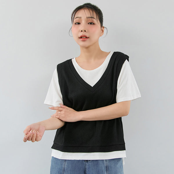 Contrast Waffle Faux Two Piece Plus Size Tee
