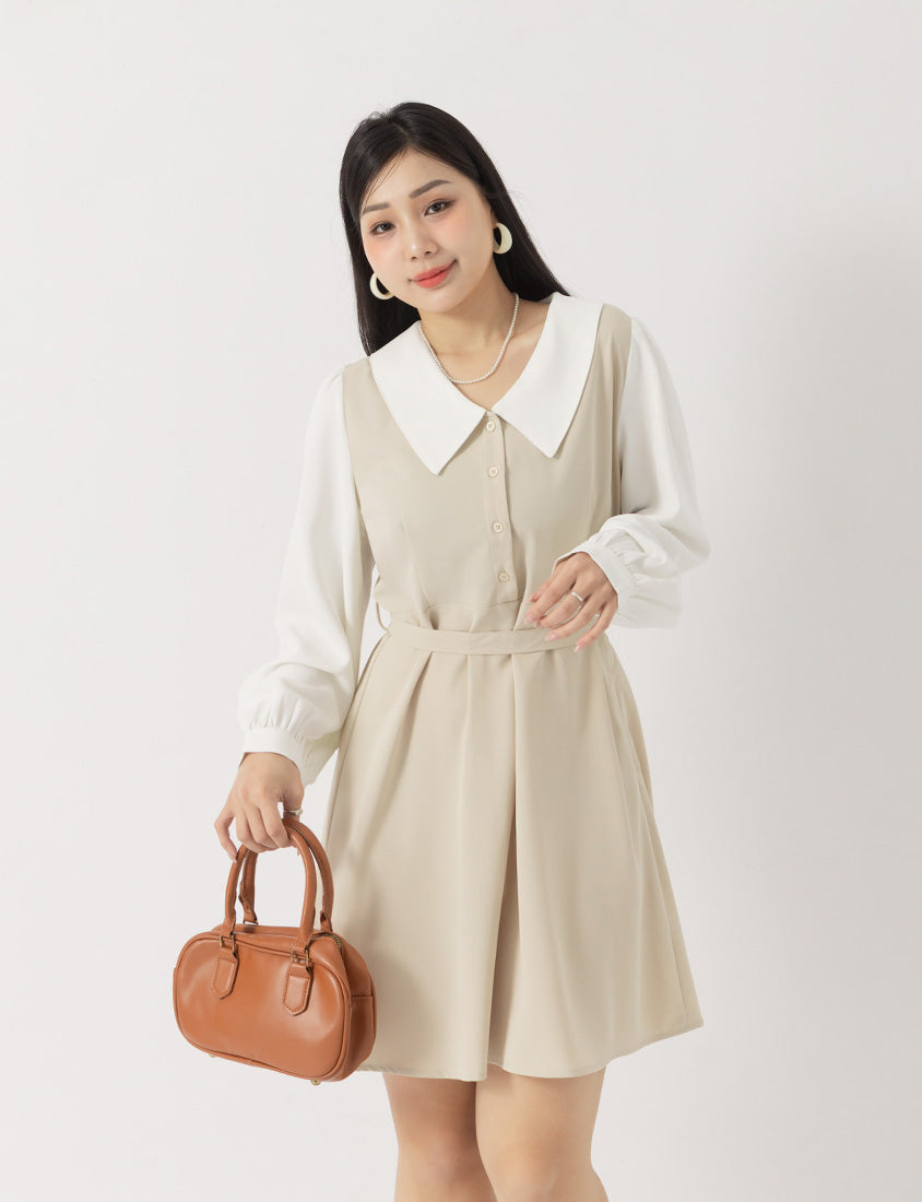 MISS. Faux Two Piece Chiffon Plus Size Long Sleeve Dress (With Waist Tie)