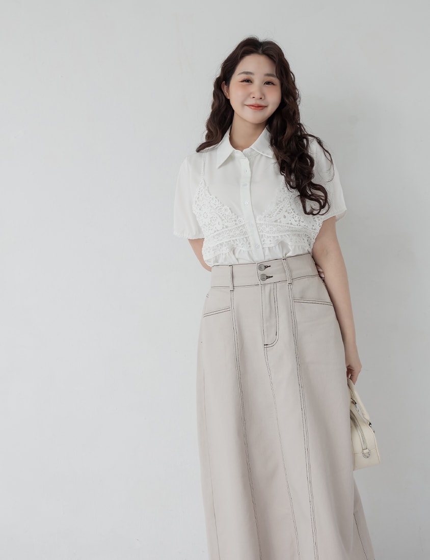 Contrast Stitch Back Slit A-Line Plus Size Maxi Skirt