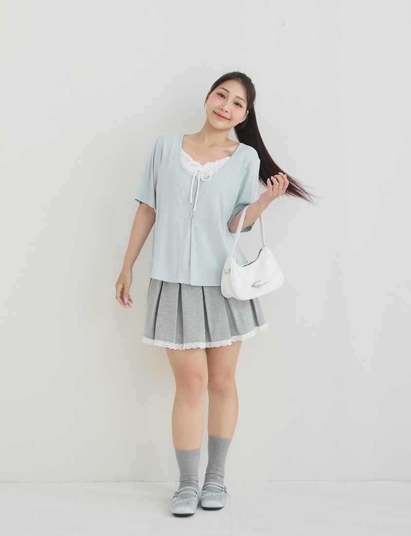 Korean Style Lace Trim Faux Two Piece Plus Size Top