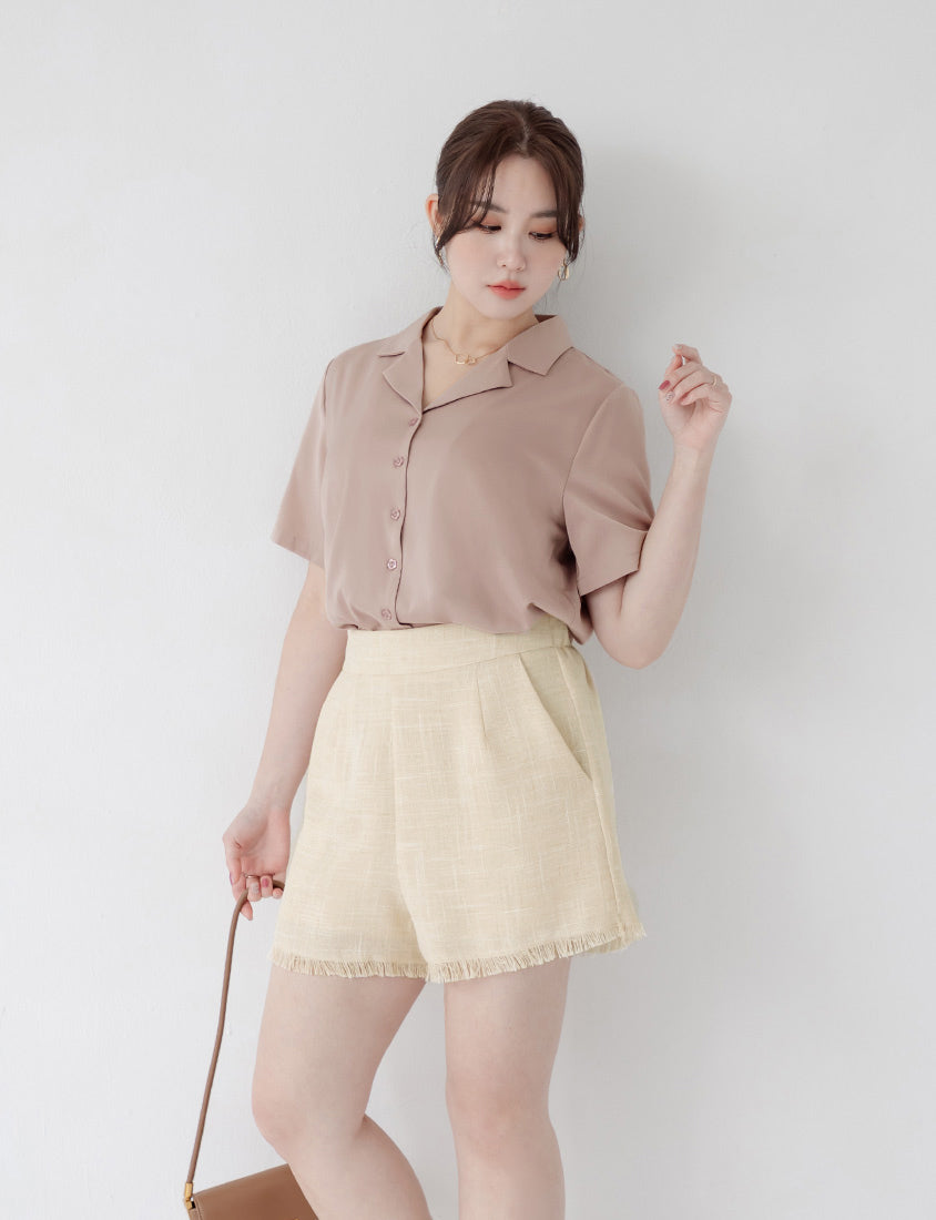 MISS. Glossy Satin Cuban Collar Plus Size Shirt With Floral Buttons