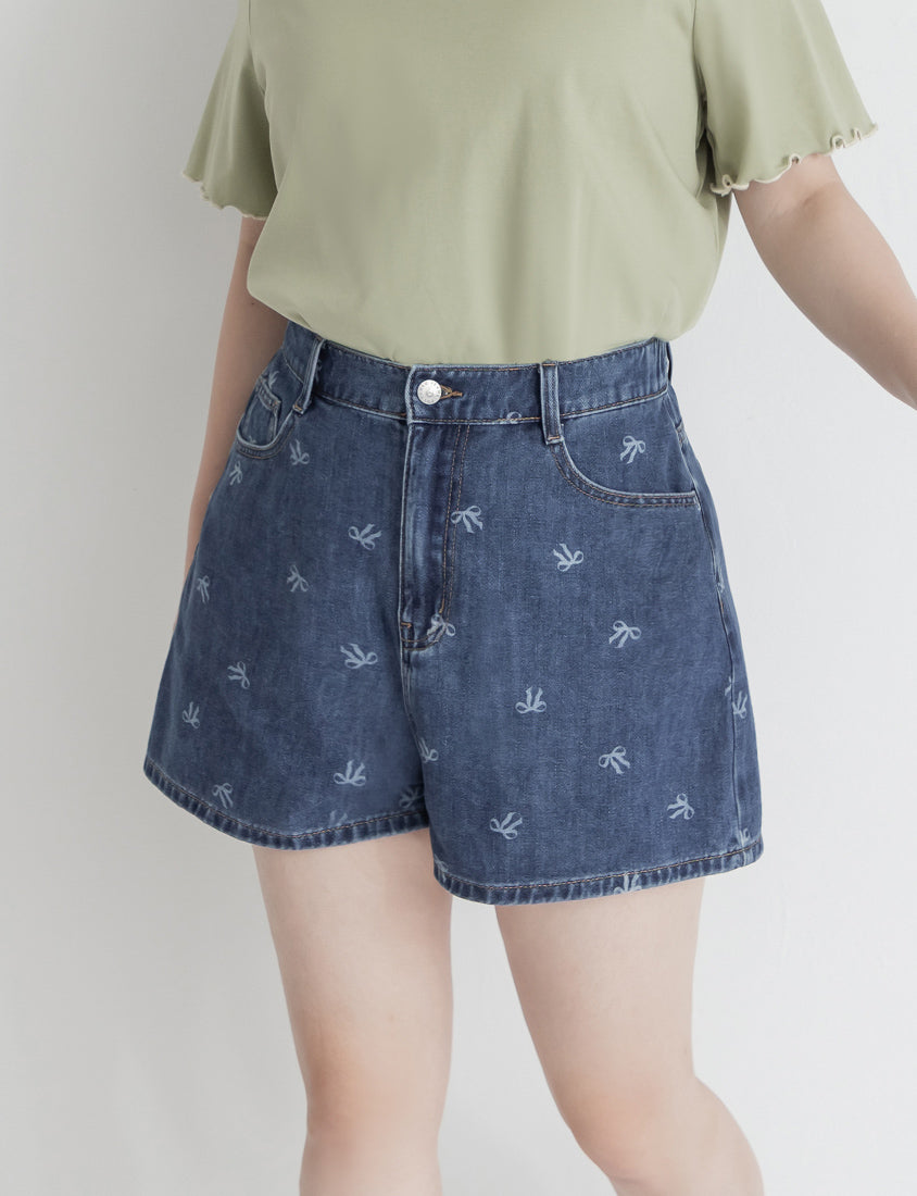 Playful All-Over Bow Plus Size Denim Shorts