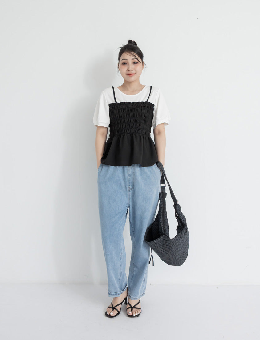 Sweet Crinkle Faux Two-Piece Short Sleeve Plus Size Top