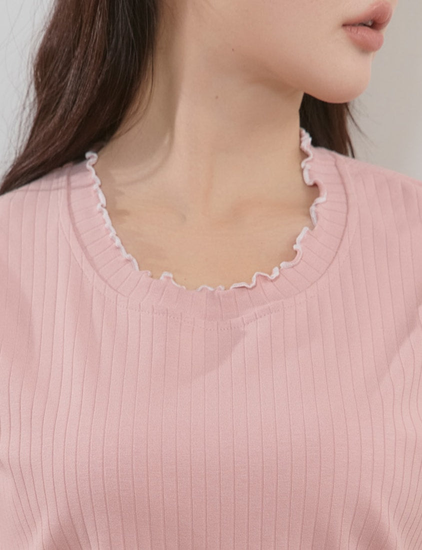 Cute Ruffle Trim Ribbed Plus Size Top