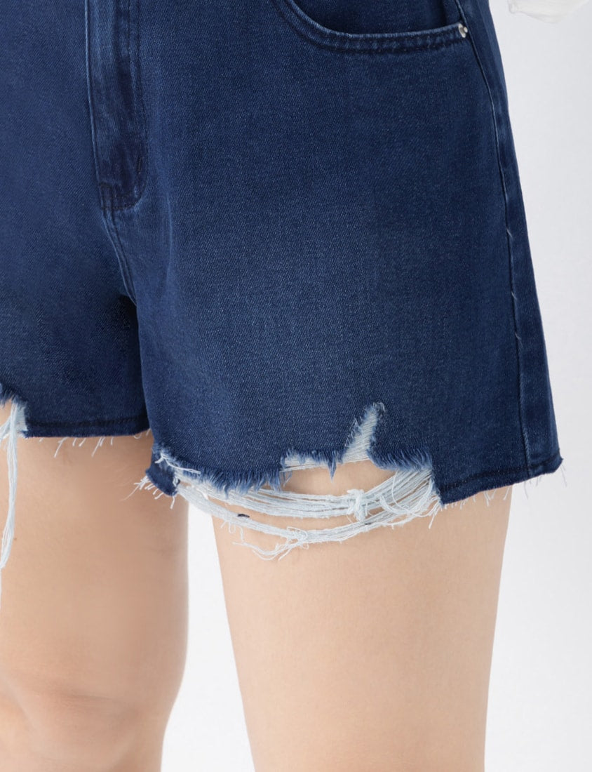 Tencel Silky Denim Double Button Distressed Plus Size Shorts