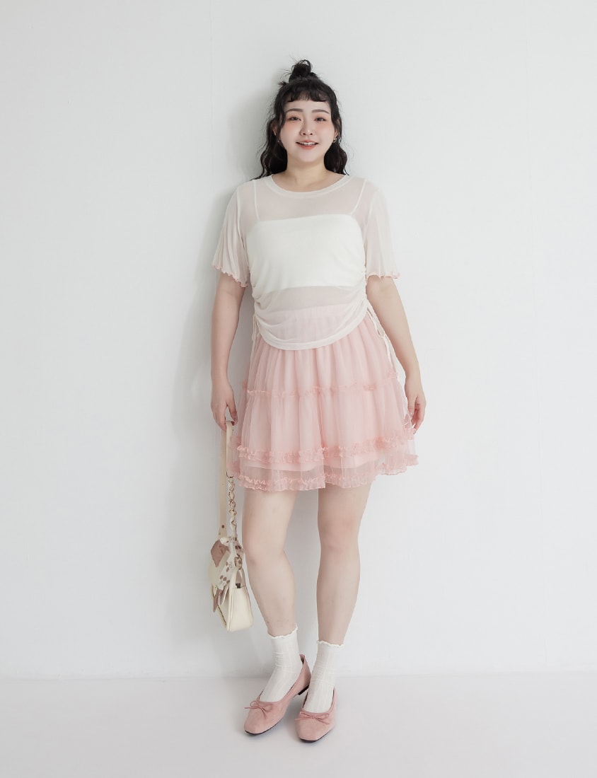 Side Drawstring Sheer Ruffle Sleeve Plus Size Top