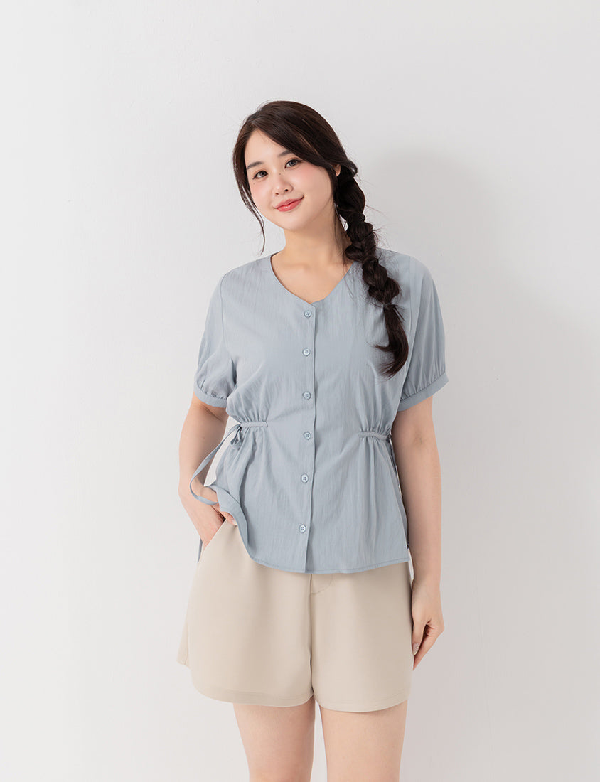 V-Neck Button Front Tie Waist Plus Size Top