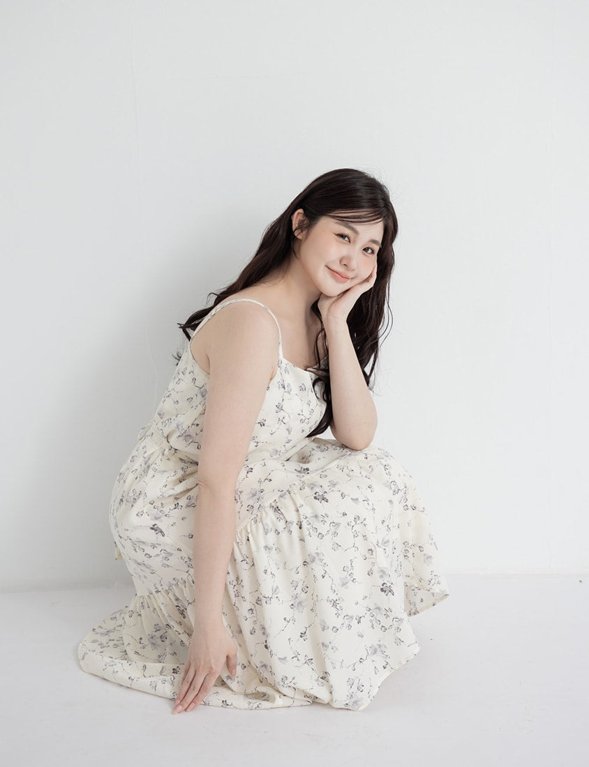 Elegant Floral Cami Strap Plus Size Maxi Dress (With Belt)