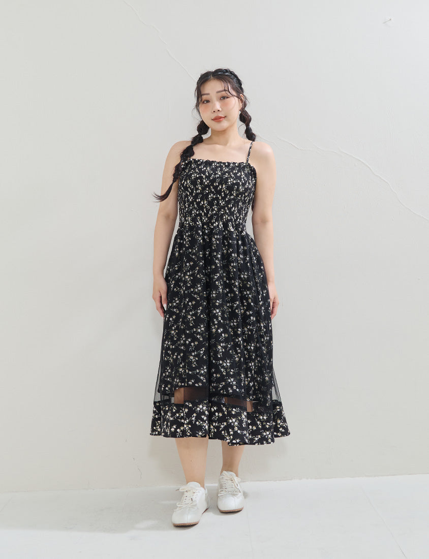 Layered Mesh Floral Adjustable Plus Size Strap Maxi Dress