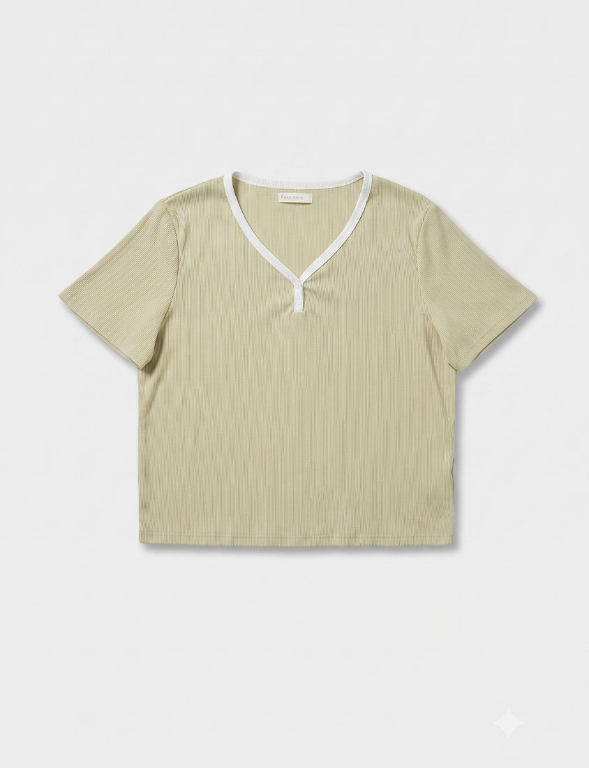 Simple V-Neck Contrast Ribbed Plus Size Tee