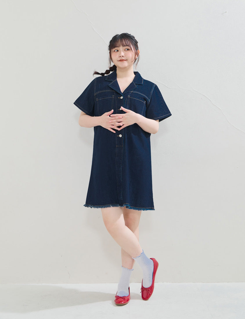 Frayed Hem Pocket Denim Plus Size Mini Dress