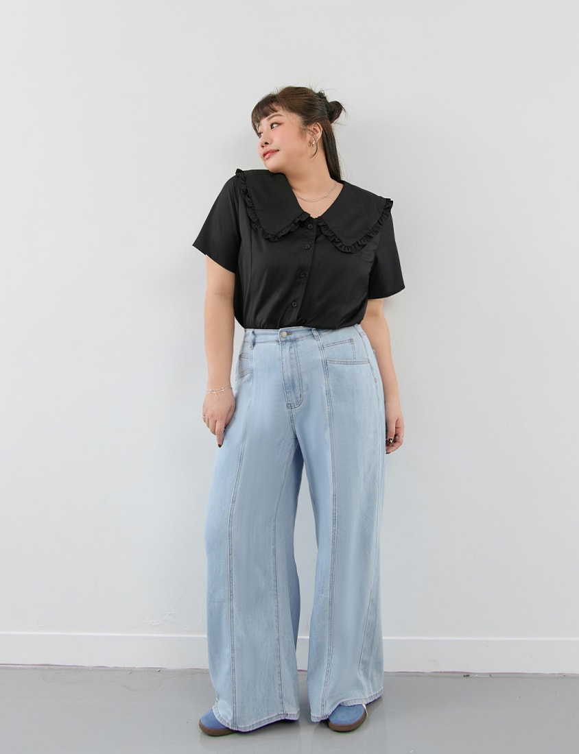 Playful Ruffle Collar Plus Size Short Sleeve Shirt