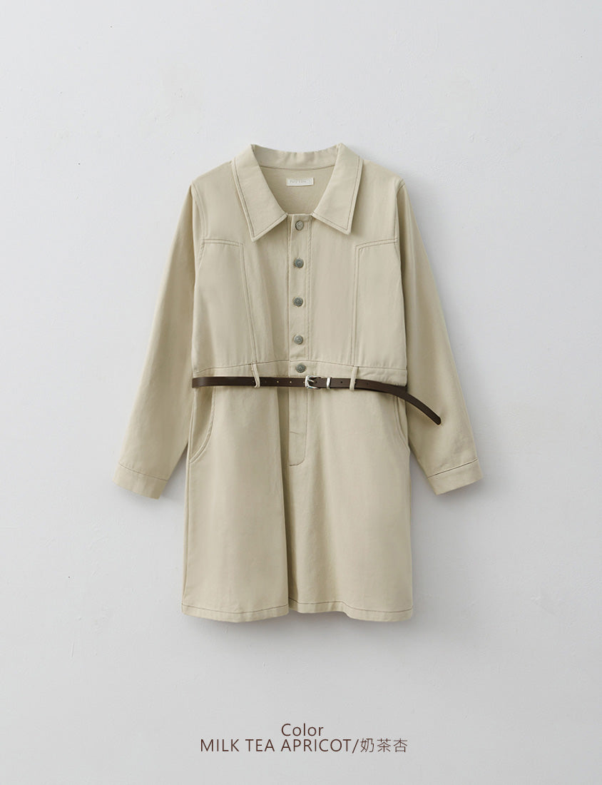 Twill Colorblock Topstitched Button-Up Plus Size Mini Dress (With Belt)
