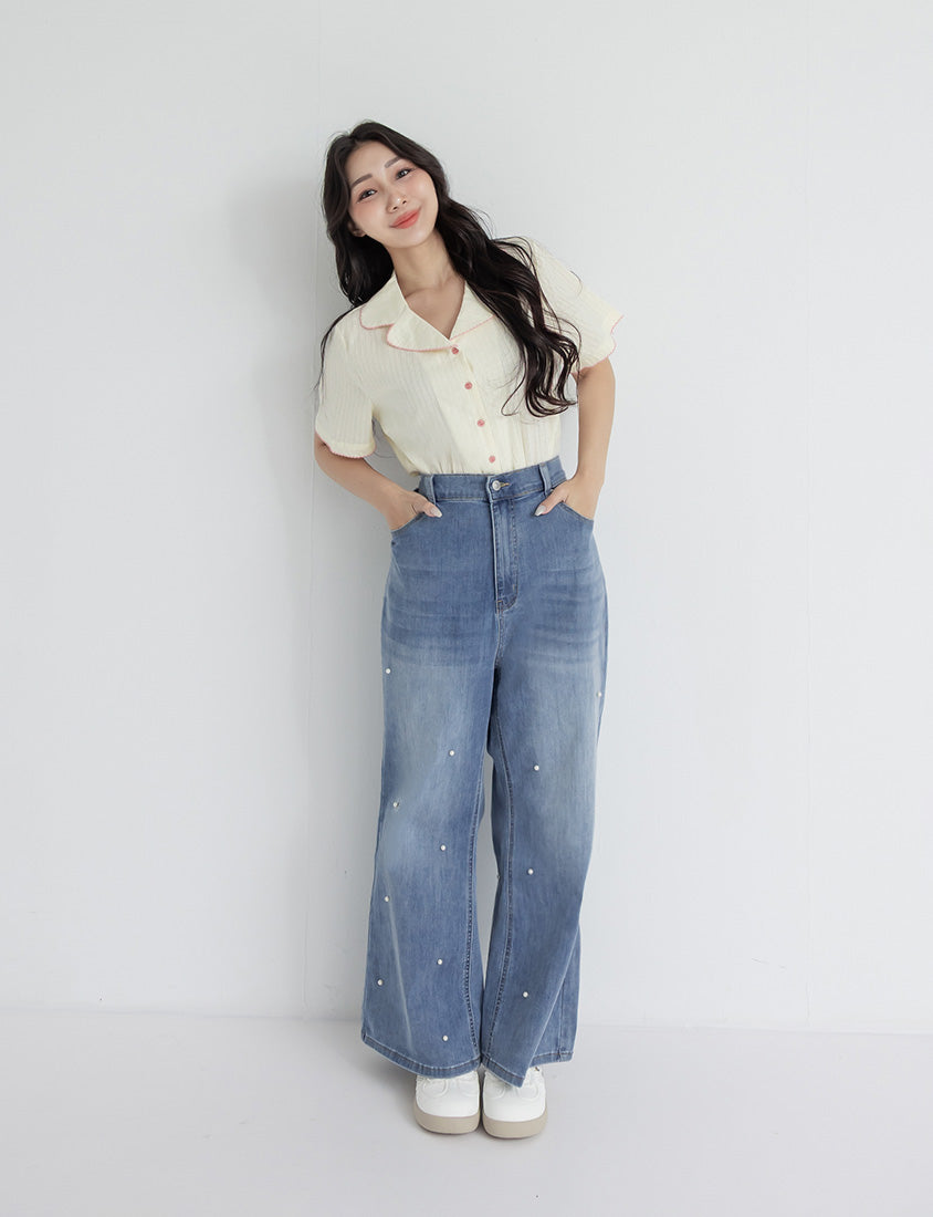 Cute Jacquard Contrast Cuban Collar Plus Size Shirt