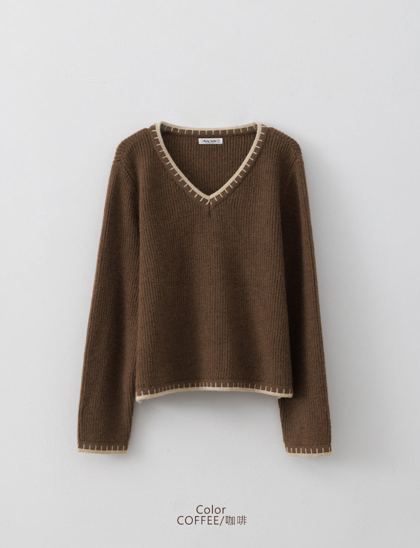 Contrast Trim Multi-Color Plus Size V-Neck Knit Top