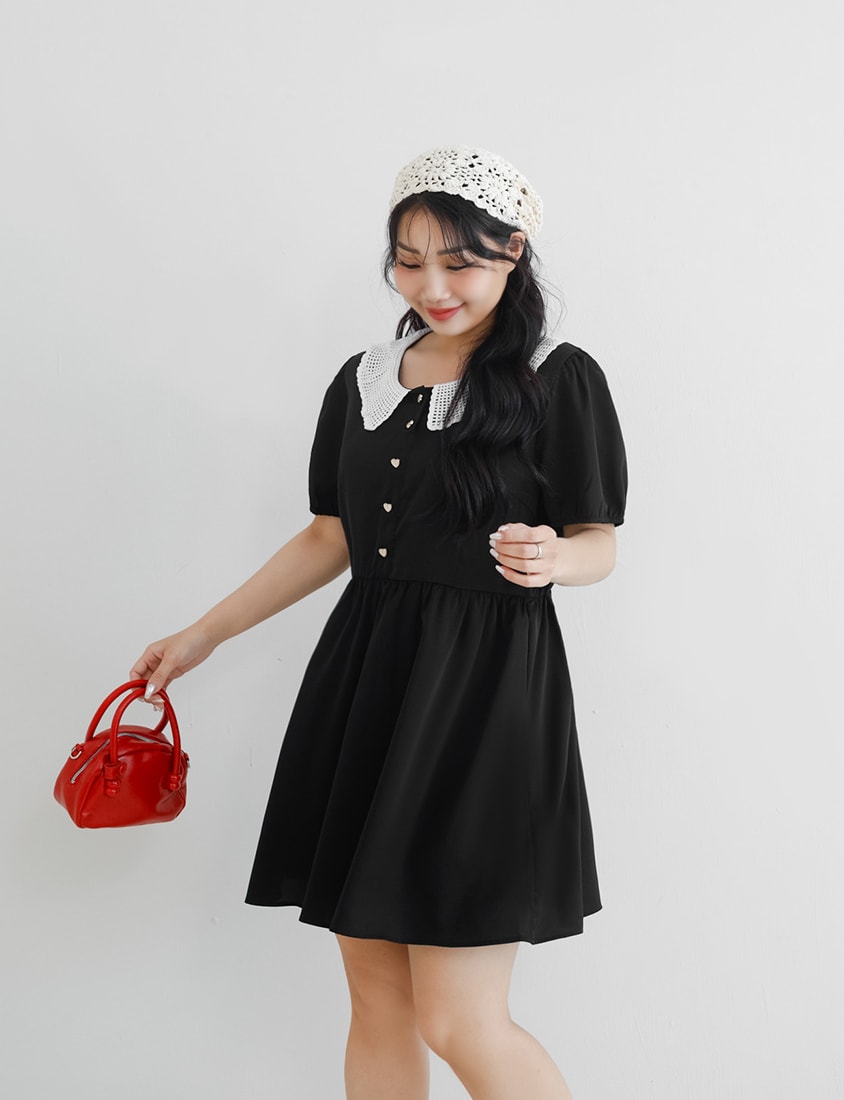 Lace Large-Collar Puff Sleeve Plus Size Mini Dress