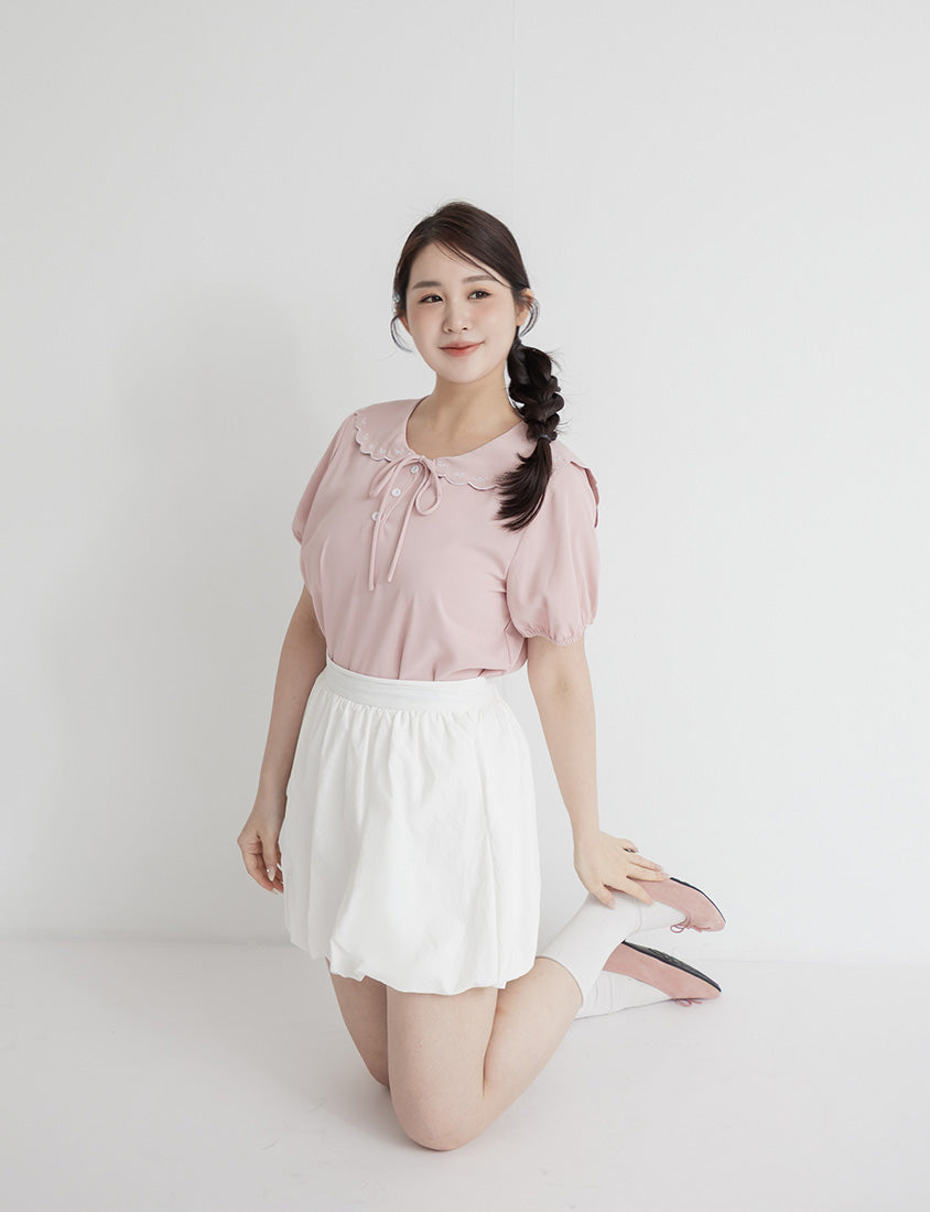 Cute Bow Embroidered Collared Plus Size Top