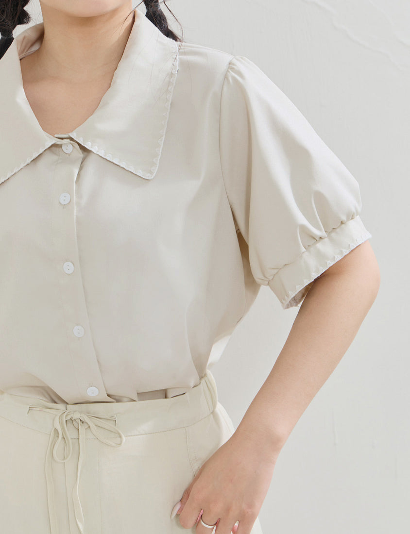 Contrast Embroidered Lace Puff Sleeve Plus Size Shirt