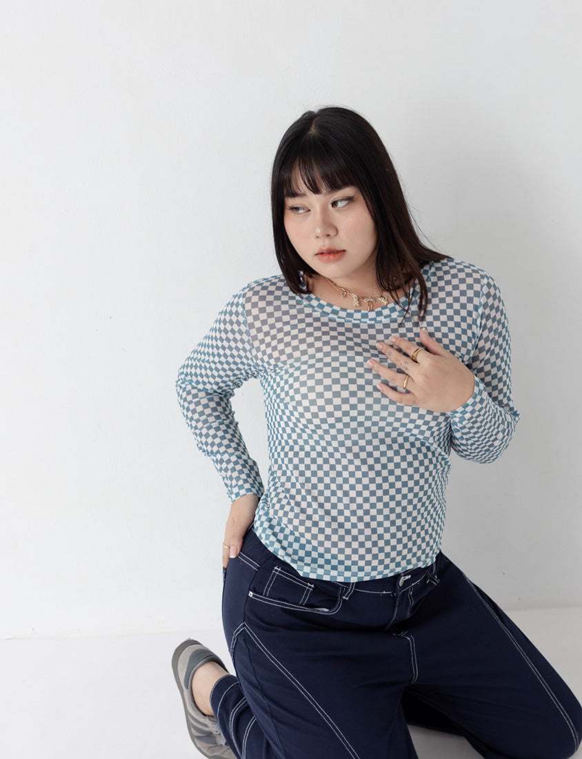 MUA! Sexy Checkered Mesh Long Sleeve Plus Size Top