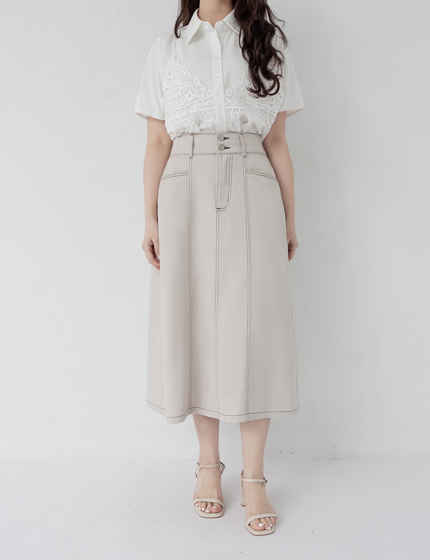 Contrast Stitch Back Slit A-Line Plus Size Maxi Skirt