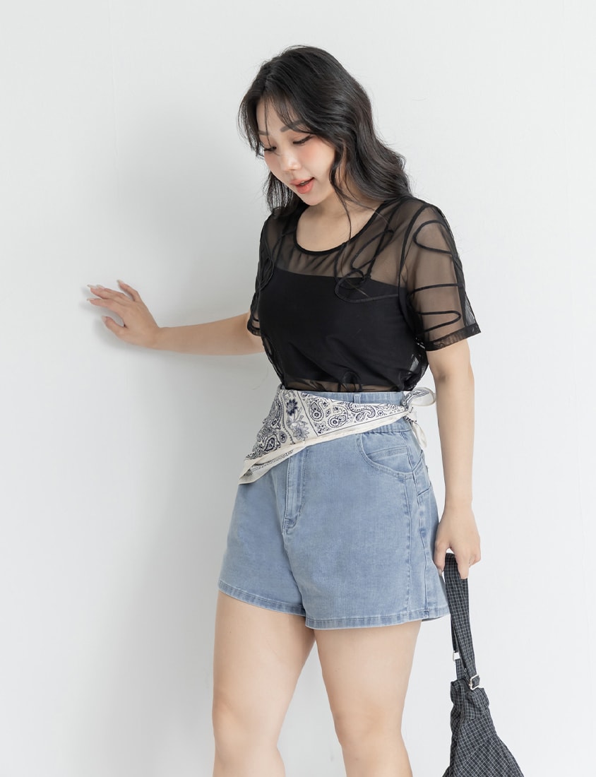 Japanese Style Wavy Line Sheer Textured Plus Size Top