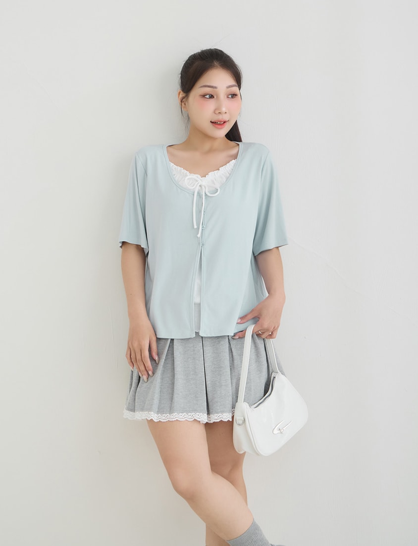 Korean Style Lace Trim Faux Two Piece Plus Size Top