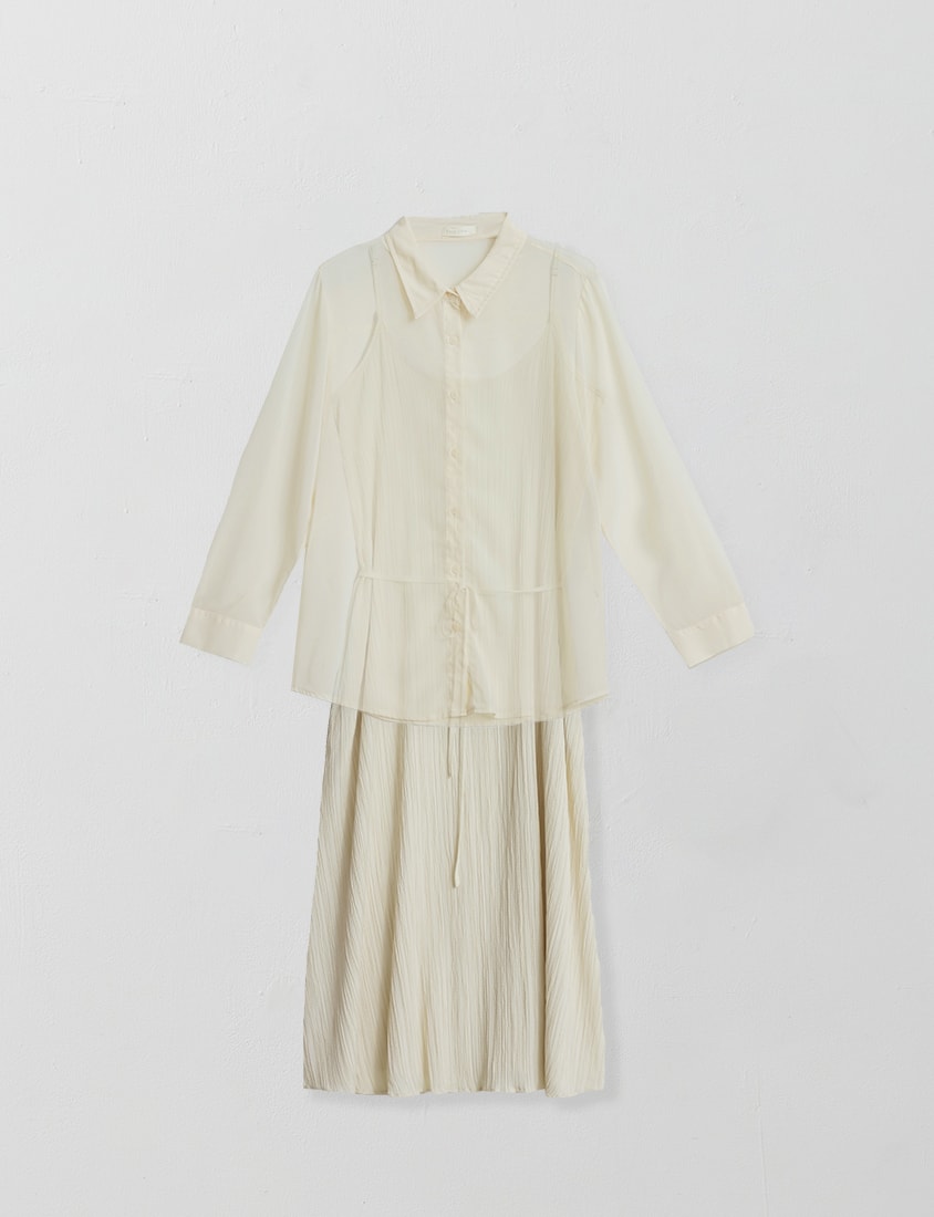 Sheer Shirt With Strap Dress Plus Size Set (With Waist Tie)