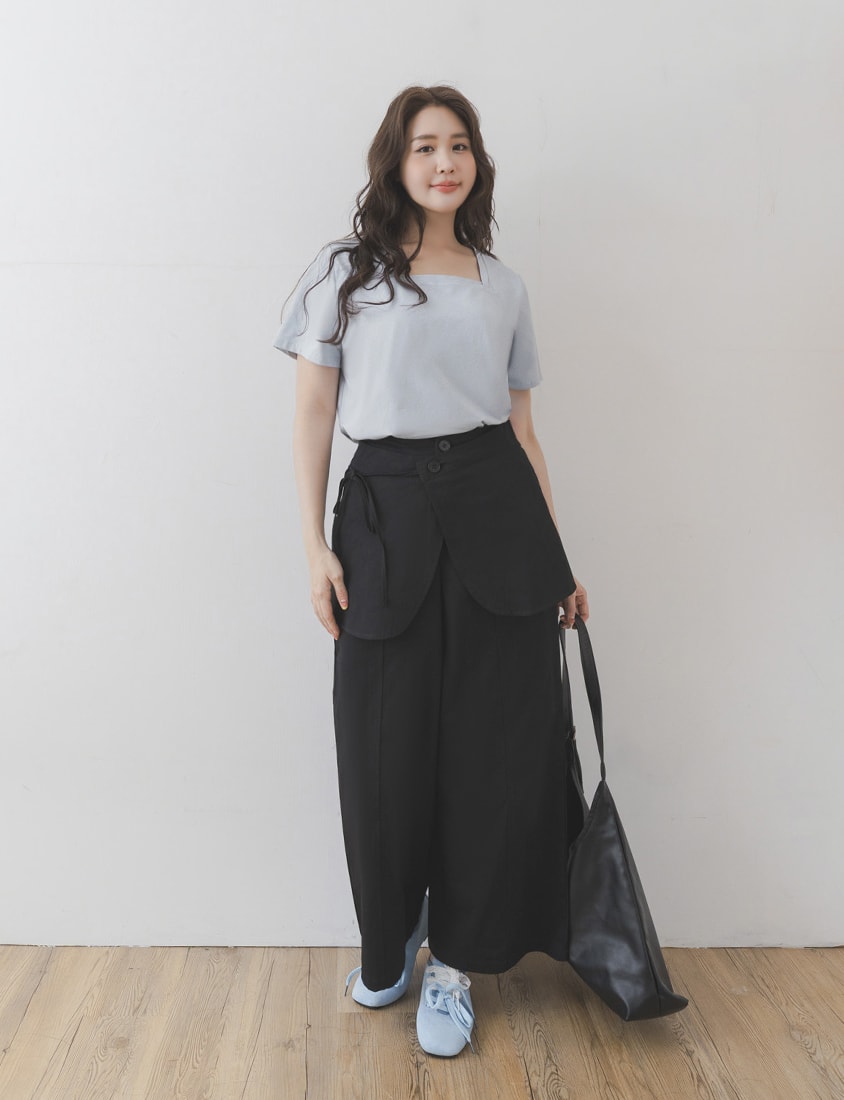 Layered Twill Plus Size Wide-Leg Pants (with Skirt Panel)