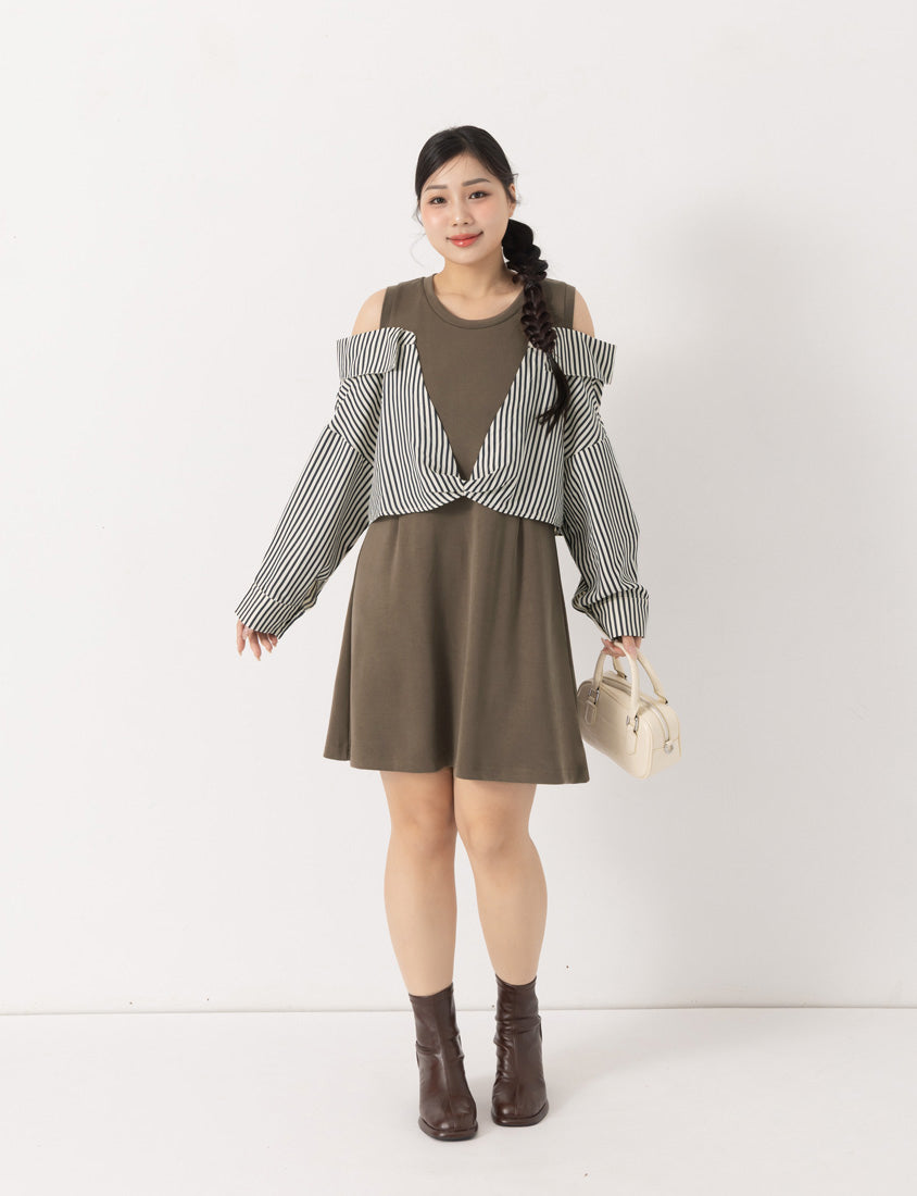Faux Two Piece Cloud Cotton Contrast Stripe Plus Size Dress