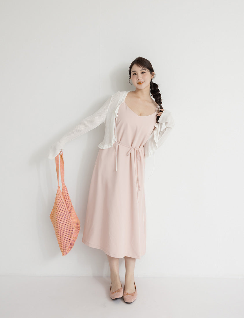 Wrinkle-Resistant A-Line  Plus Size Cami Maxi Dress (With Waist Tie)