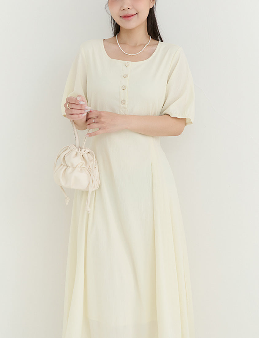 MISS. Elegant Tweed Puff Sleeve Textured Plus Size Maxi Dress