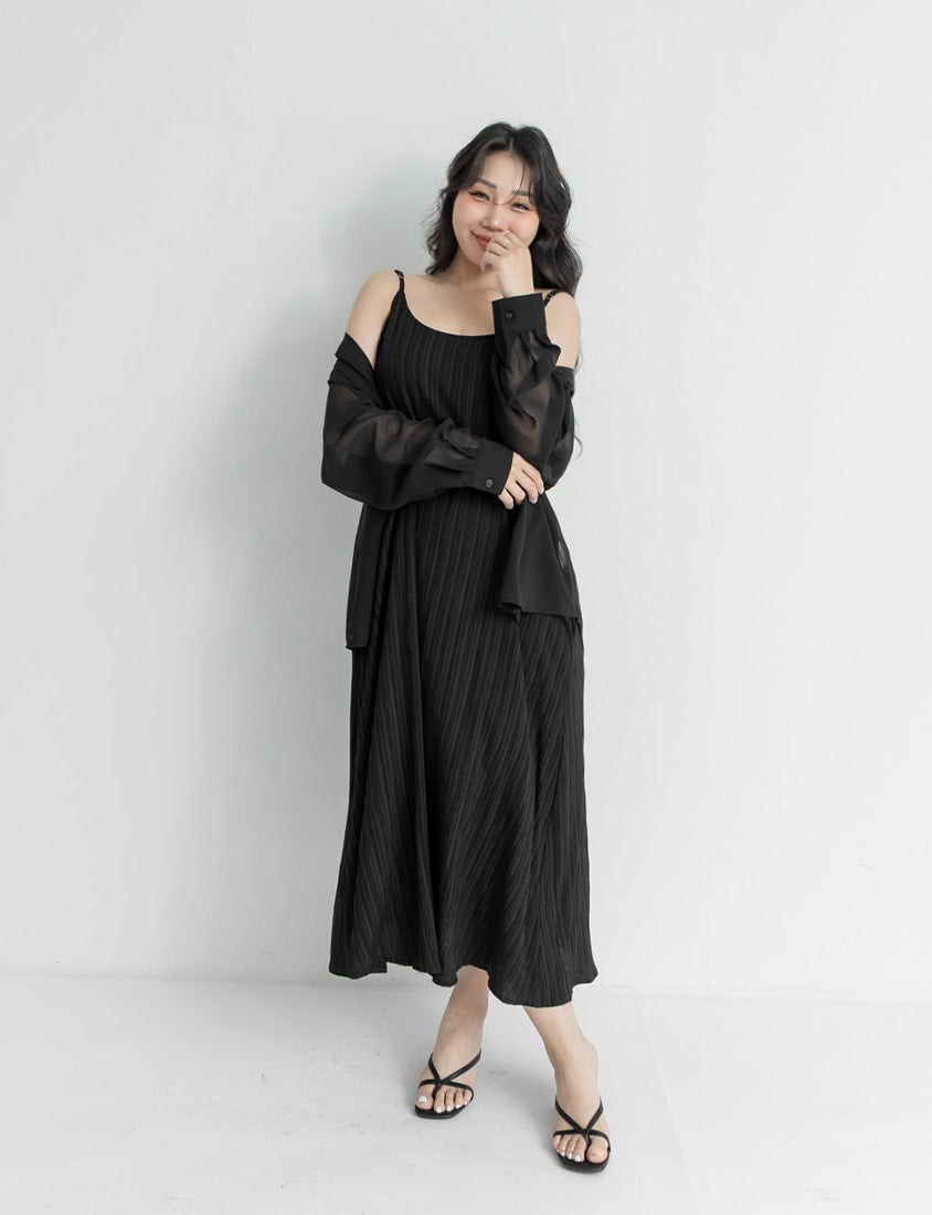 Sheer Shirt With Strap Dress Plus Size Set (With Waist Tie)