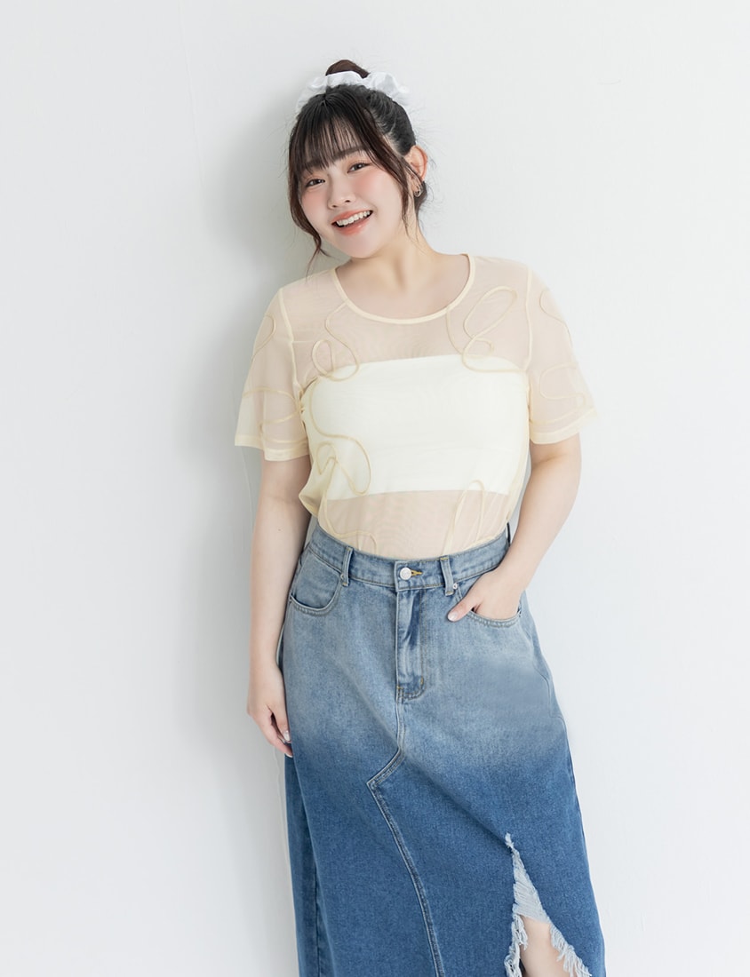 Japanese Style Wavy Line Sheer Textured Plus Size Top