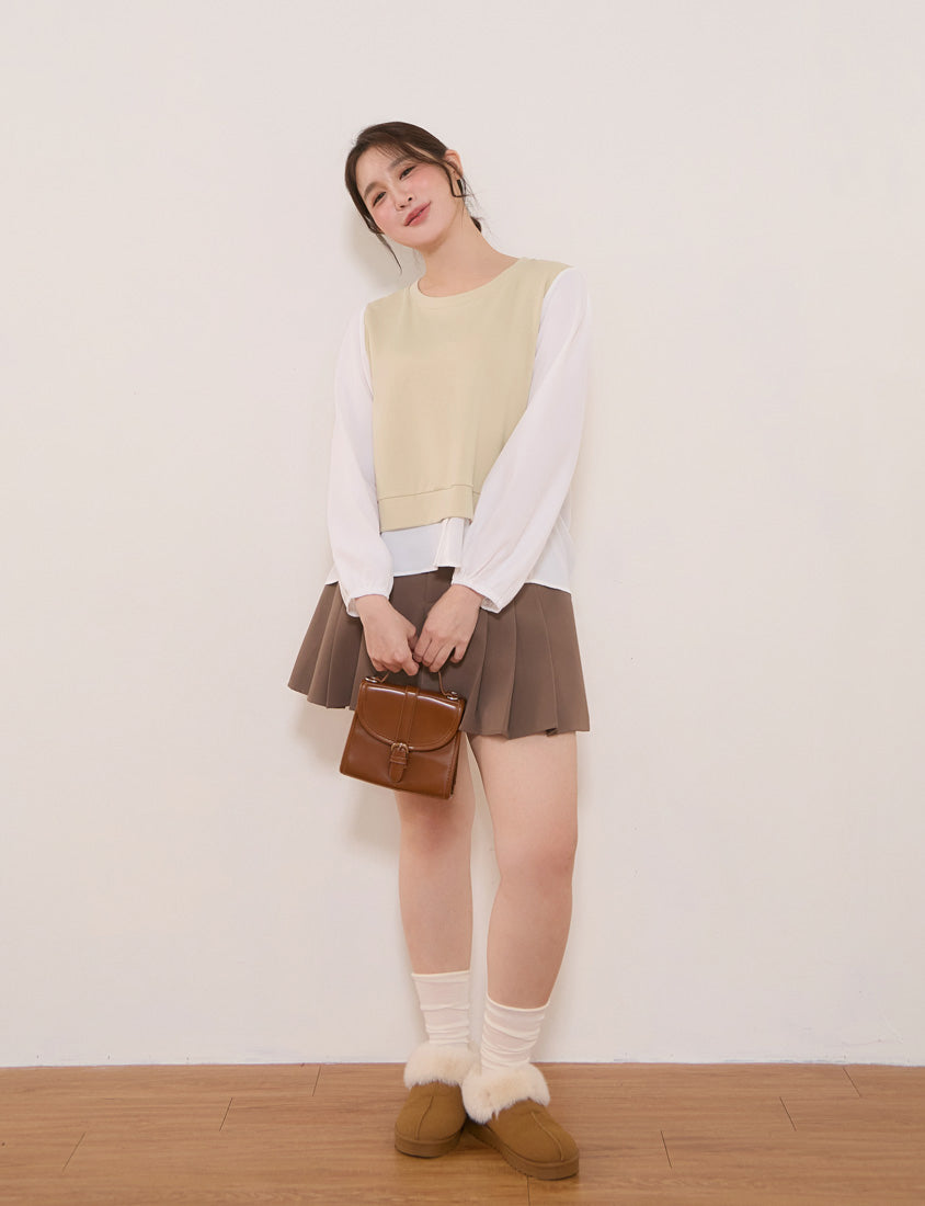 Crewneck Puff Sleeve Faux Two Piece Plus Size Long Sleeve Top