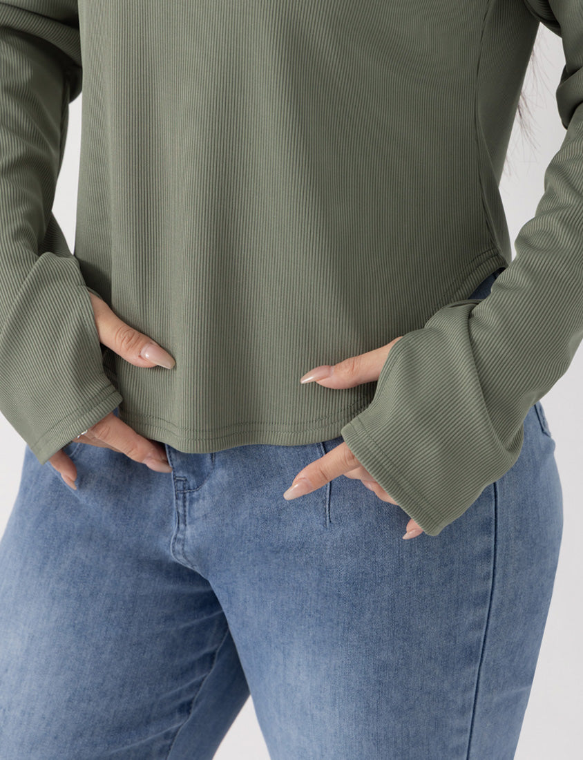 MUA! U-Neck Ribbed Curved Hem Plus Size Long Sleeve Top