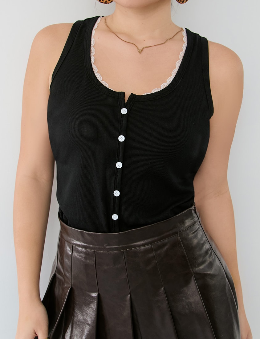 MUA! Faux Button Lace Panel Plus Size Ribbed Vest