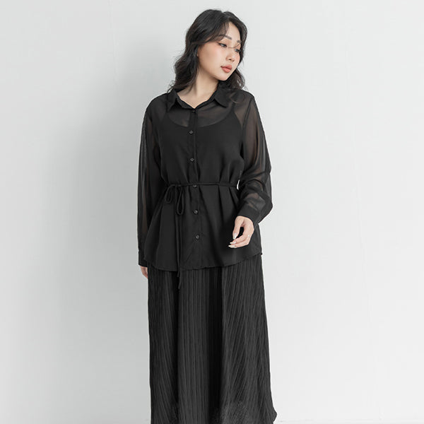 Sheer Shirt With Strap Dress Plus Size Set (With Waist Tie)