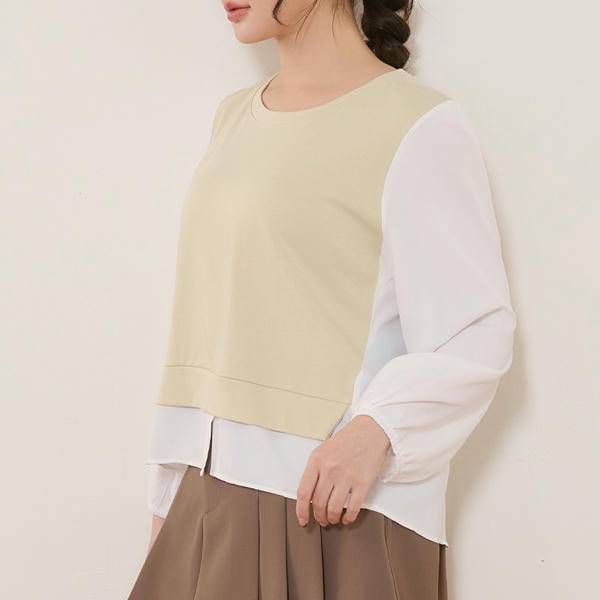Crewneck Puff Sleeve Faux Two Piece Plus Size Long Sleeve Top