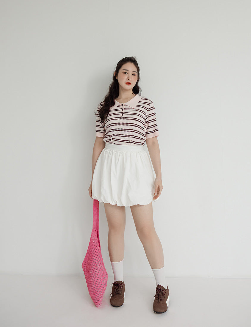 Collared Striped Knit Short Sleeve Plus Size Top