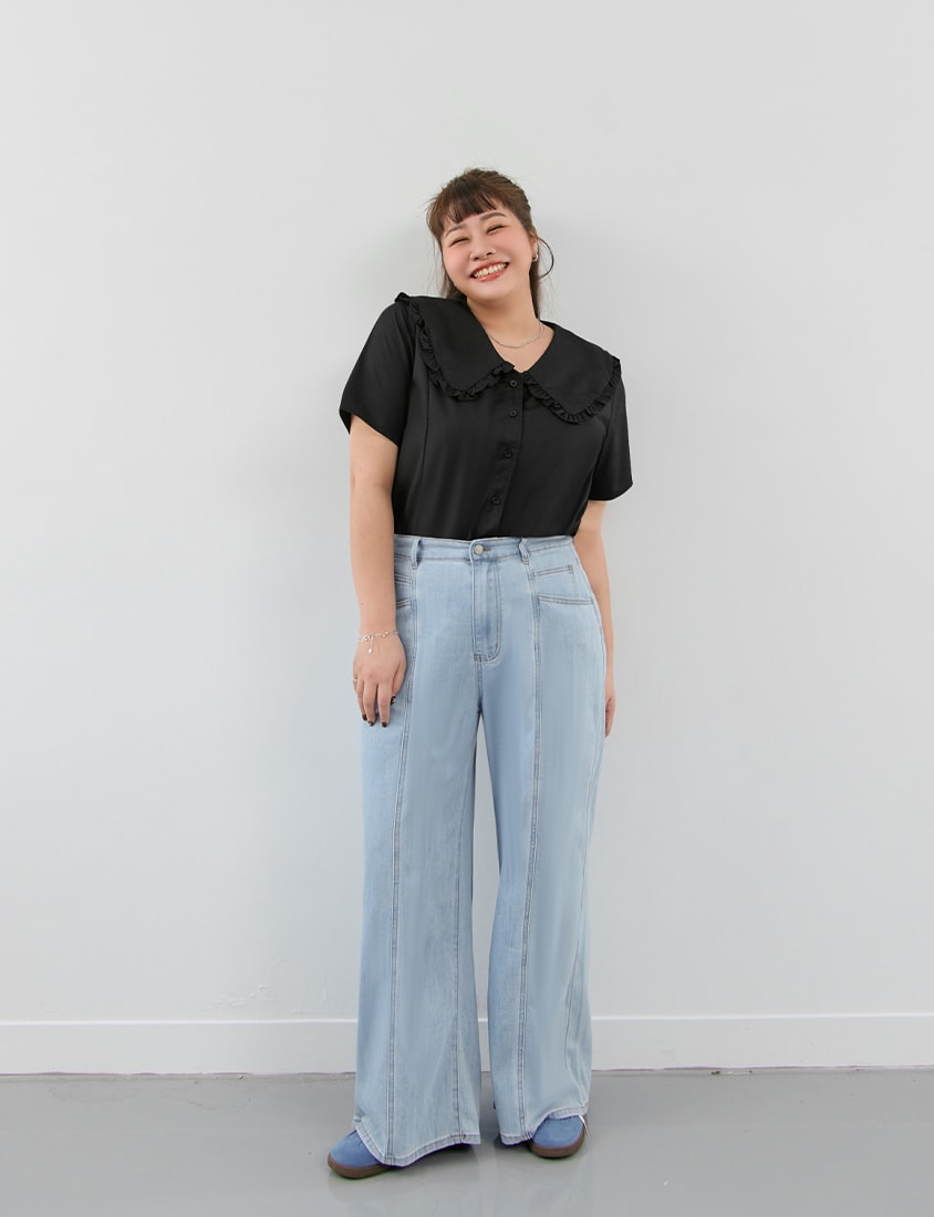 Playful Ruffle Collar Plus Size Short Sleeve Shirt