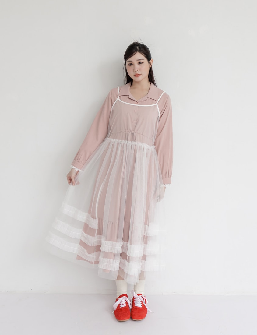 Cuban Collar Drawstring Waist Tiered Plus Size Dress