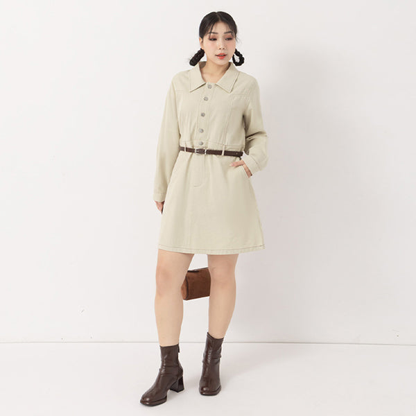 Twill Colorblock Topstitched Button-Up Plus Size Mini Dress (With Belt)