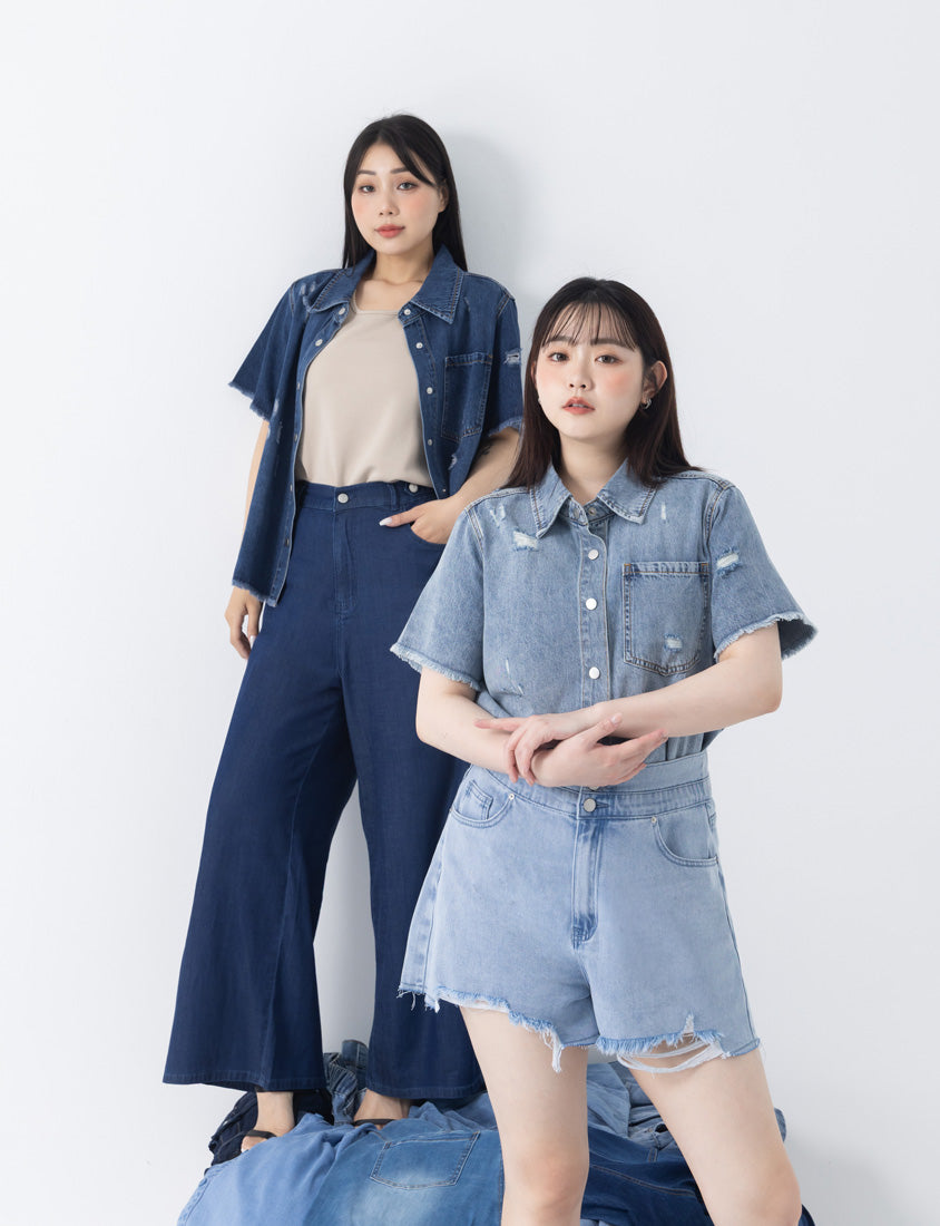 Tencel Silky Denim Distressed Plus Size Shirt Jacket