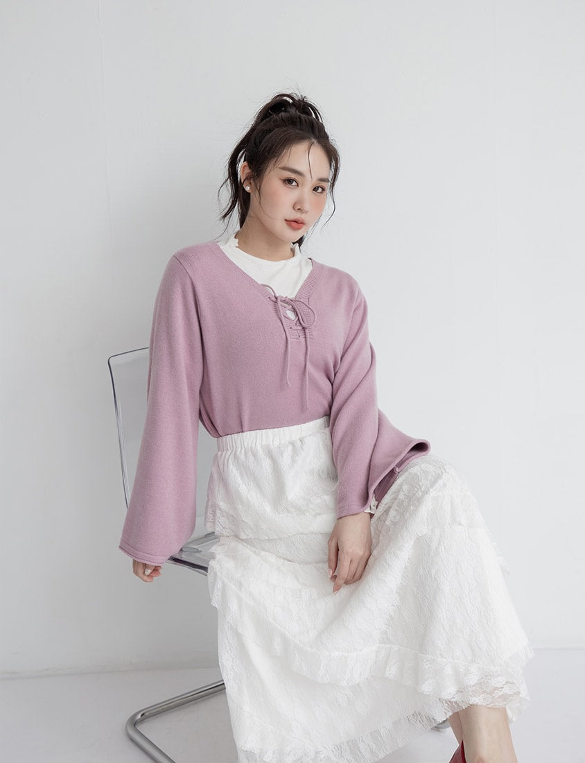 V-Neck Tie Flare Sleeve Plus Size Knit Top