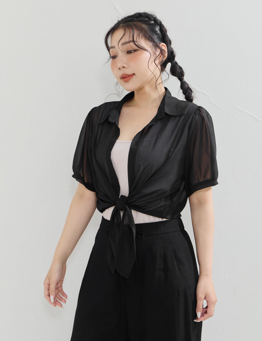Sheer Tie-Front Collar Plus Size Cardigan