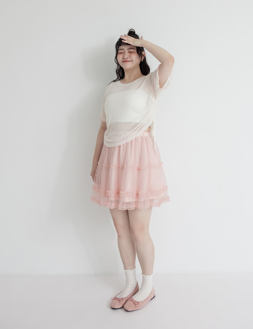 Side Drawstring Sheer Ruffle Sleeve Plus Size Top