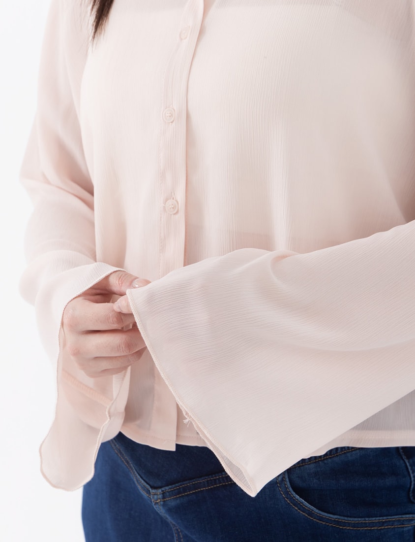 Sheer Crinkle Bell Sleeve Cropped Plus Size Shirt